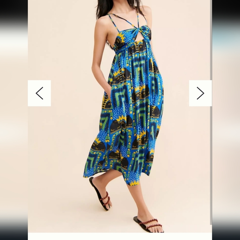 Anthropologie Blue and Yellow Geometric Midi Dress Size # XS - Picture 5 of 8